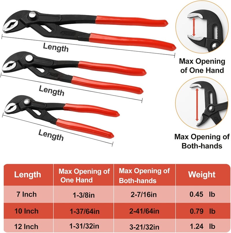 KOWSINDE 3-Piece Groove Joint Pliers Set, Adjustable Water Pump Pliers, V-Jaw Tongue and Groove Pliers, 7-inch, 10-inch, 12-inch - Image 2
